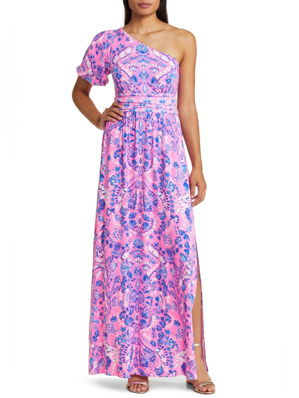 Lilly Pulitzer Solana One Shoulder Maxi Dress Havana Pink Turtle Tidepool M